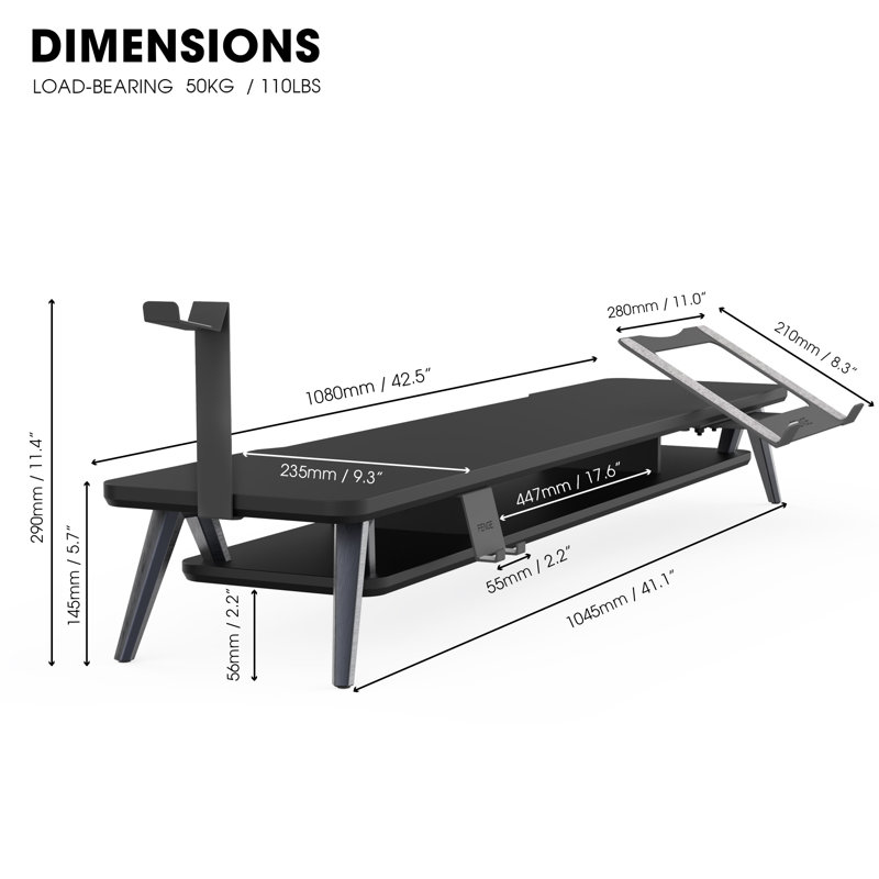 Support pour écran, support pour 2 écrans avec support réglable pour ordinateur portable, tablette de bureau de 42,5 pouces avec support de rangement