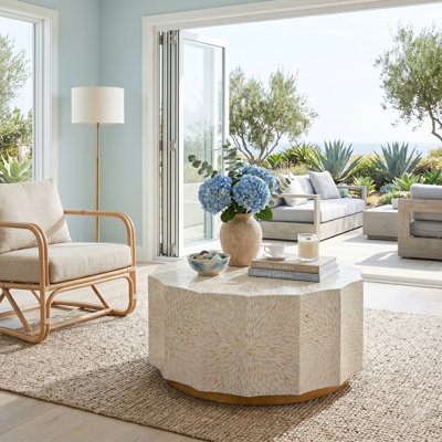 35.5x35.5x16"Large Geometric Coffee With White Gold Capiz Shell Finish Design And Wooden Base, Contemporary Accent Table