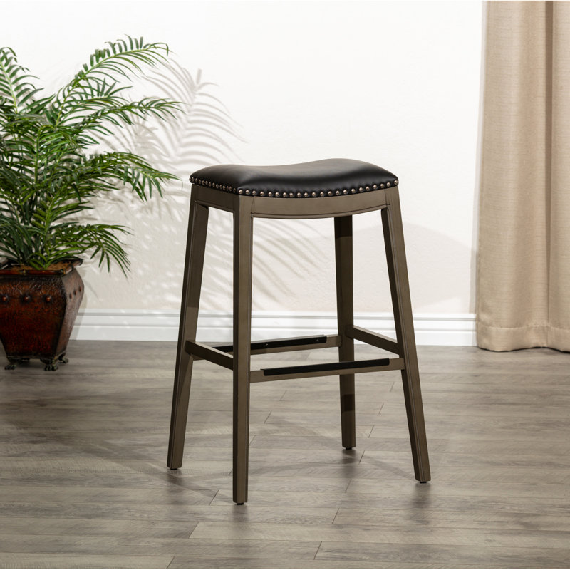 Weathered Gray 30" Bar Saddle Stool With Black Leather Seat - Brings Elegance To Your Space In Gray, Seat, Hardwood Build, Enhances Appeal