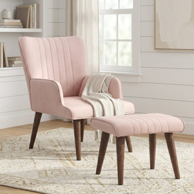 Marc Tufted Linen / Velvet Upholstered Lounge Chair and Ottoman with Wooden Legs, Pink Velvet