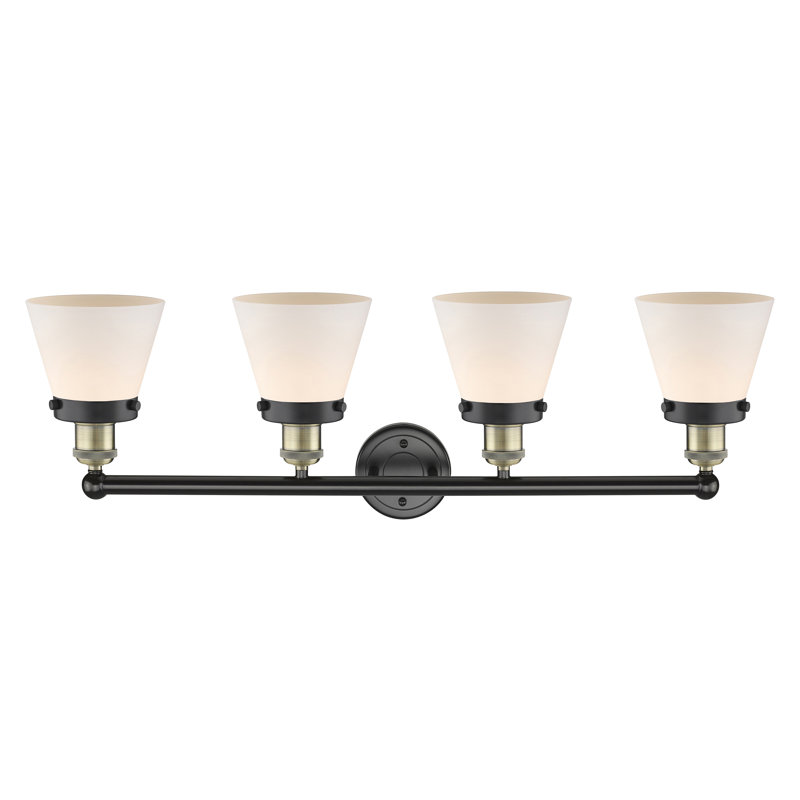 Éclairage pour meuble-lavabo de salle de bain 4 lumières Edison Cone, Blanc mat, Laiton antique noir