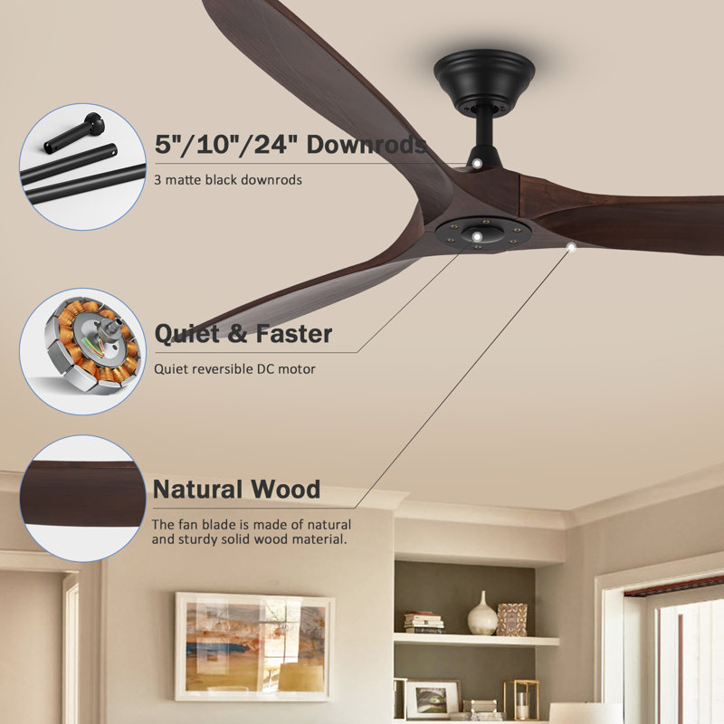 Solid Wood Ceiling Fan with  Remote, 177cm, Brown
