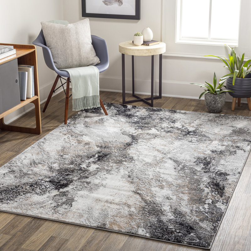 Tapis abstrait gris anthracite / blanc Lemaire, Rectangle 5 pi 3 po x 7 pi