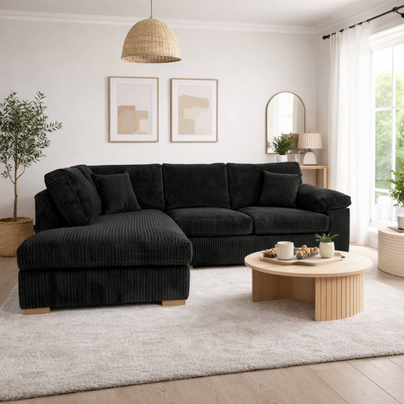 4 Seater Corduroy Sofa & Chaise, Left Hand Facing, Black