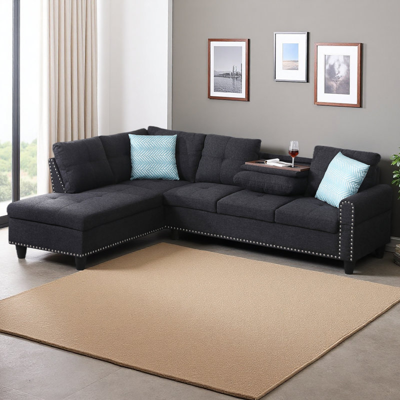 Cup-Holder Console-Featured Corner Sofa, Charcoal Gray Linen