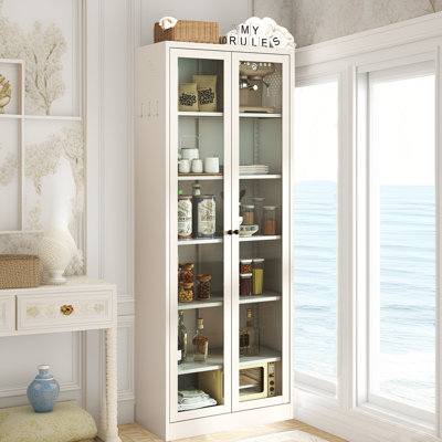 Glass Display Cabinet With Doors,72" Tall China Storage Cabinet With 5 Adjustable Shelves For Livingroom/Pantry/Bathroom