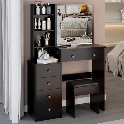 37" Middle Size Left Bedside Cabinet Vanity Table + Cushioned Stool, Extra Large Right sliding mirror, Multi Layer High Capacity Storage, Practical Fashionable Dresser, Suitable For Middle Space