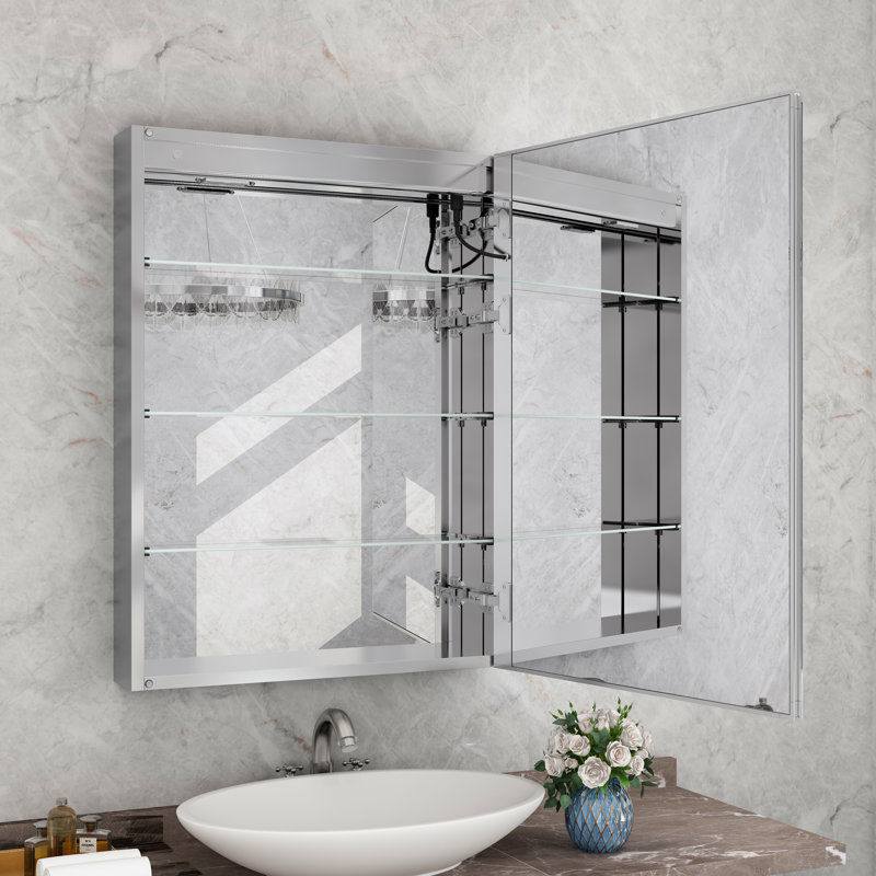 Hartli 24"W* 32"H Recessed or Surface Mount LED Medicine Cabinet Mirror with Dimmable Light & Socket, Silver, Right Hinge