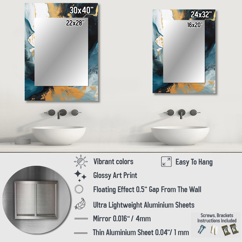 Mylor Dark Blue and Gold Strokes XI - Fractals Unique Wall Mirror Decor, Blue Large Mirror, Printed Metal Art, 32" x 24"