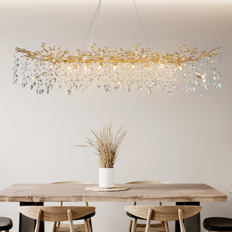 Modern K9 Raindrop Crystal Rectangular Tree Branches Chandeliers, 20, Gold, 17" H x 25" W x 71" D
