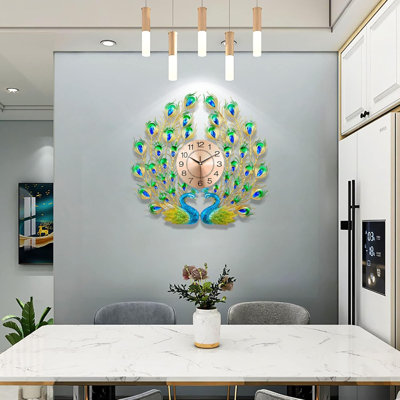 Horloge murale de luxe à paon 3D avec mouvement silencieux, design décoratif en métal et en résine pour le salon, la chambre à coucher et la salle à manger