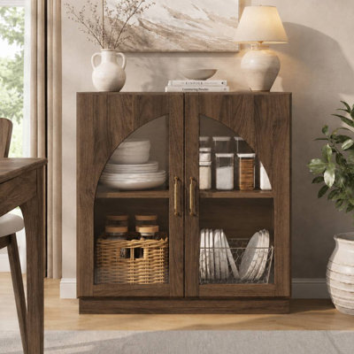 30" Arched Glass Door Sideboard Buffet Cabinet with Adjustable Shelf, 2-Door Coffee Bar Storage Cabinet for Kitchen, Dining Room & Living Room