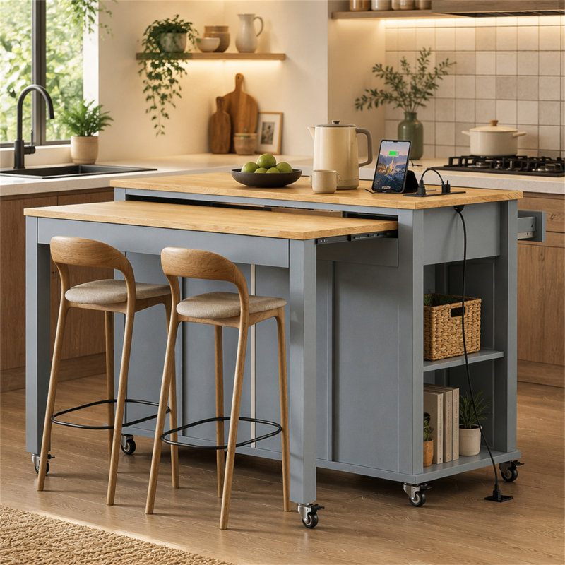 Îlot de cuisine 47 po avec table de salle à manger extensible K&K, table de cuisine en placage de bois d'hévéa avec support de rangement interne, prise de courant, îlot de cuisine avec rangement 2 tiroirs et armoire