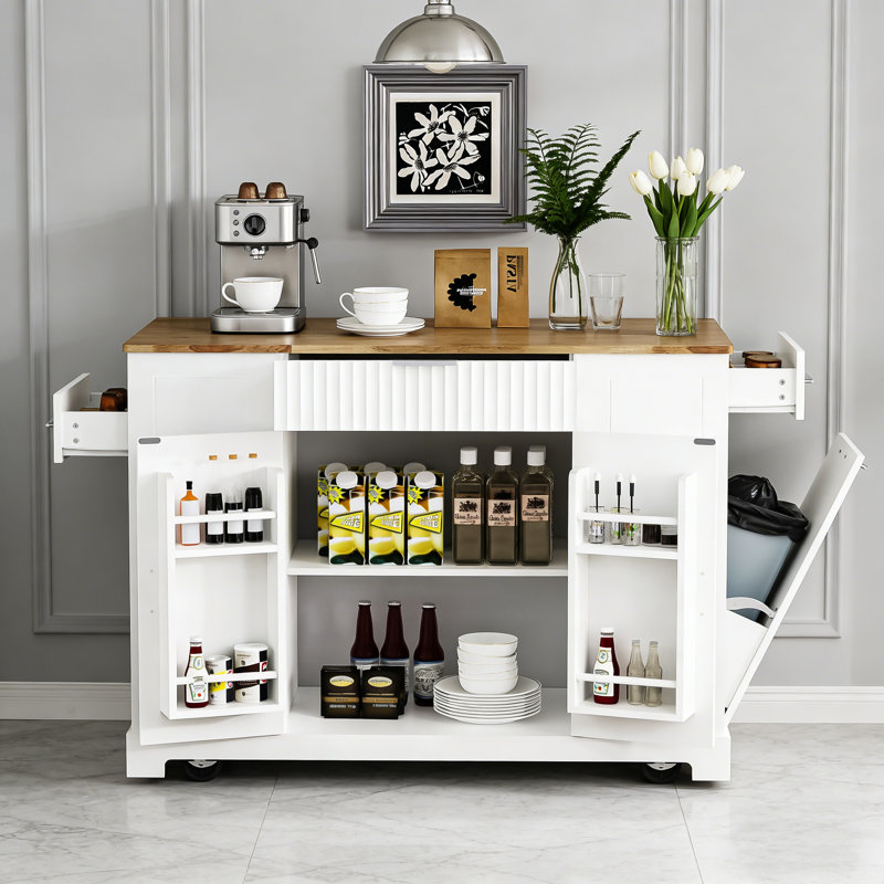 Fluted Kitchen Island with Trash Can Storage, Power Outlet, and Rolling Wheels for Modern Kitchens., White