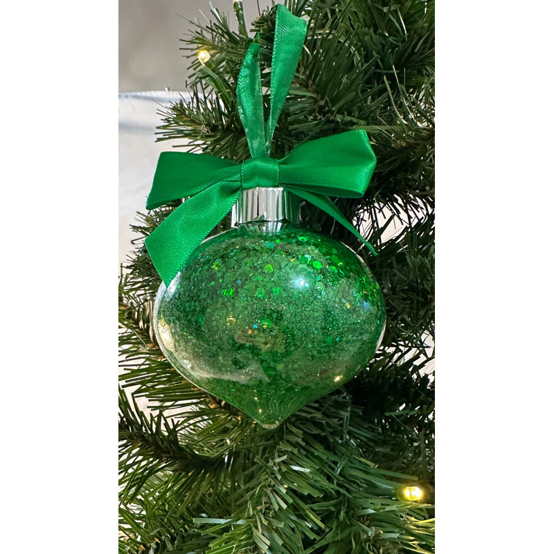 Emerald Green Glam Collection: Beautiful Emerald Green Glittered Ornament with a matching Satin Bow and Ribbon.