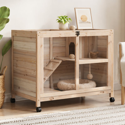 PawHut Indoor Rabbit Hutch with Wheels, Desk and Side Table Sized, Wood Rabbit Cage, Waterproof Small Rabbit Cage, Natural