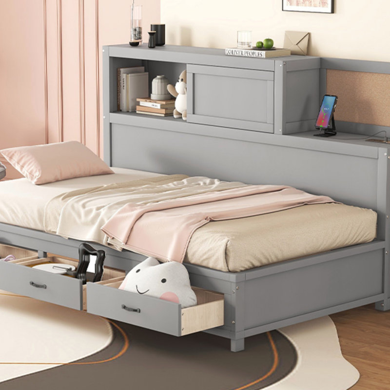Wooden Daybed With 3 Storage Drawers, Upper Soft Board, Shelf, And A Set Of Sockets And USB Ports (Daybed), Gray, Twin