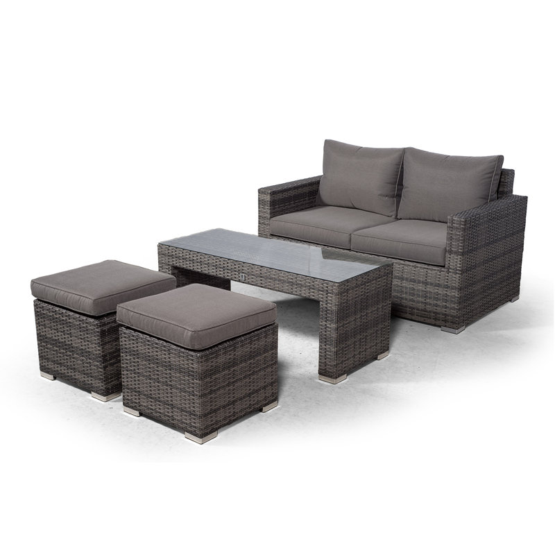 Villatoro Grey Rattan 2 Seat Sofa With 2 Stool Coffee Table, Outdoor Patio Garden Furniture