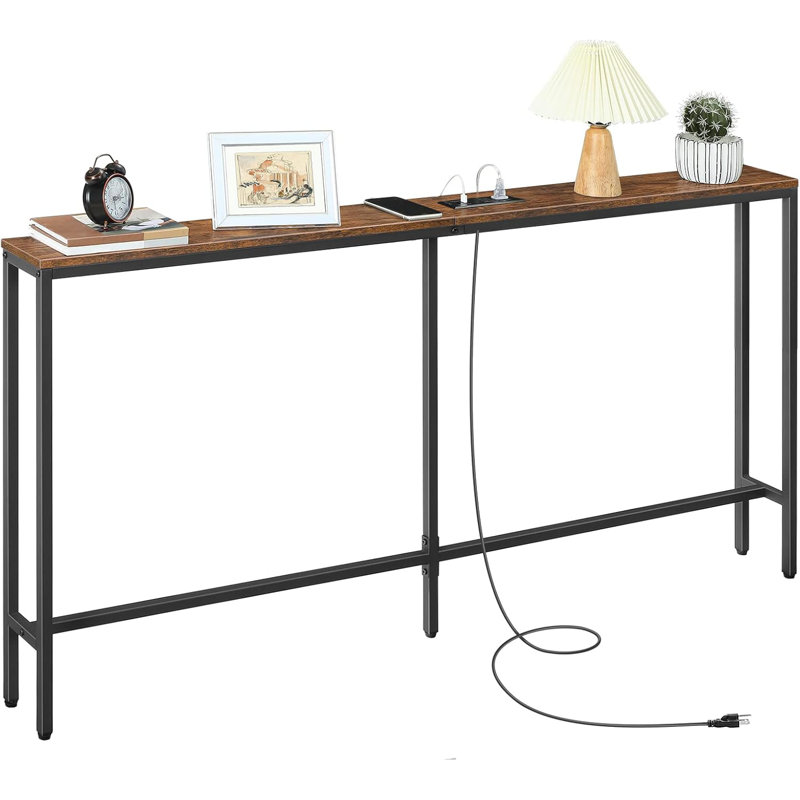 Rustic Console Table With Charging Station Narrow Sofa Table Behind Couch Table With Outlets And USB Ports, Brown