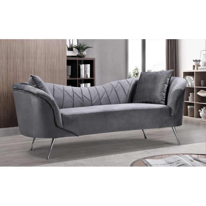 Velvet Flared Arm Sofa, Gray Velvet, 34.2”H x 81.9”W x 31.5”D