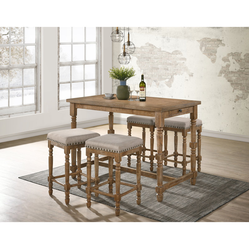 Weathered Oak Backless Counter Height Stool with Beige Upholstered Seat