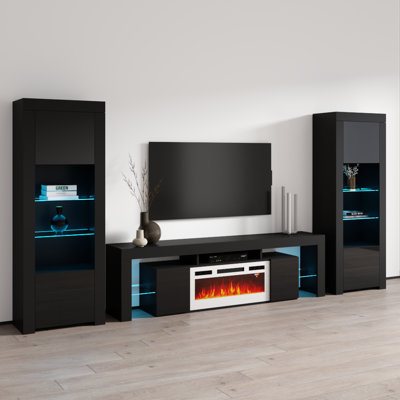 Meuble audio-vidéo moderne avec foyer électrique 128,7 po avec finition très brillante et rangement multimédia