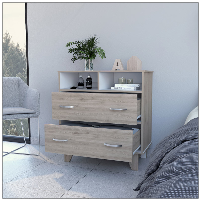 Commode 2 tiroirs Portobelo, 2 tablettes, plateau supérieur, 4 pieds, Multi-couleur