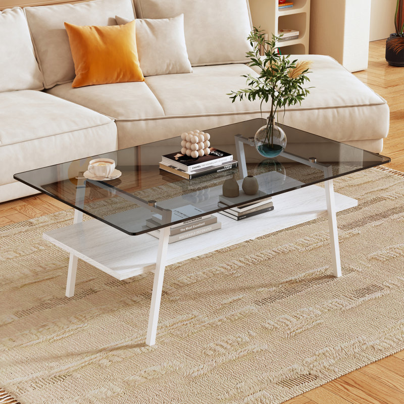 Shalia Rectangle Coffee Table with Meta Legs & MDF Storage Shelf, Gray, White