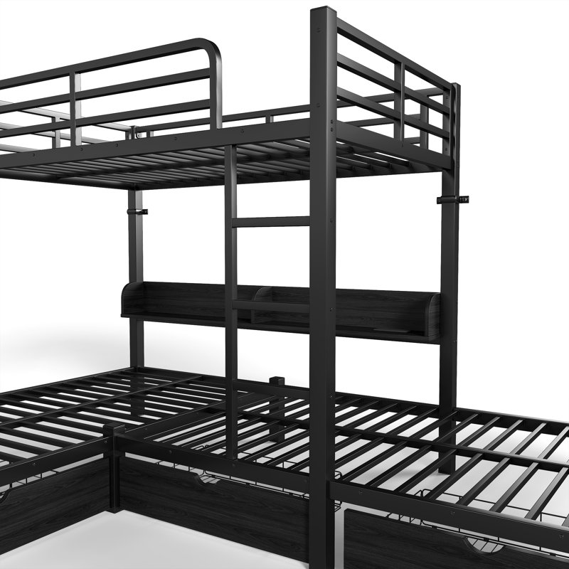 Lit mezzanine triple avec tablettes de rangement et tiroirs, lit simple mezzanine simple et simple avec lumières à DEL et ports USB, lit mezzanine en L pour 3 personnes