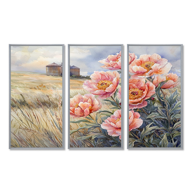 Fermes de pivoines dans le champ de céréales I - ensemble de pivoines - ensemble de 3, H 28 po x l 36 po, Argent argent
