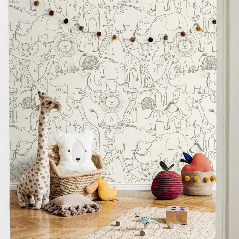Papier peint beige avec croquis d'animaux Safari, L 50 po x l 75 po