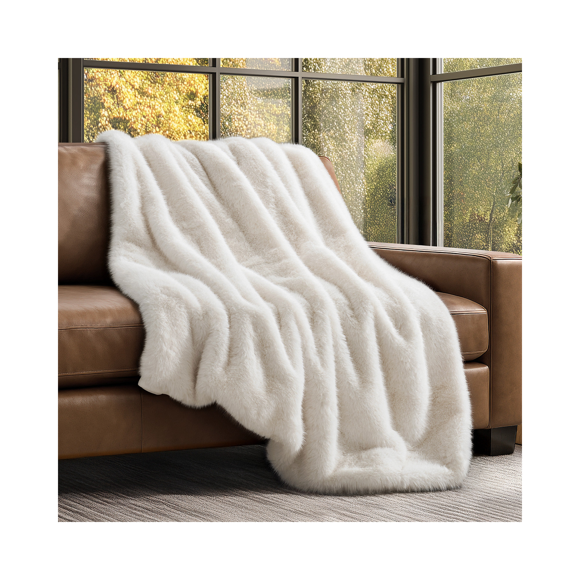 Luxe Faux Fur Throw Blanket, Ivory Mink, Throw