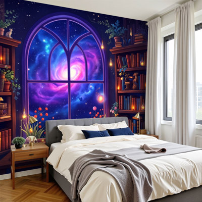 Peel and Stick papier peint bibliothèque cosmique magique ciel étoilé lanternes lumineuses Rat de bibliothèque murales H 100 po x l 144 po papier mural amovible en PVC auto-adhésif, décoration pour chambre à coucher, salon