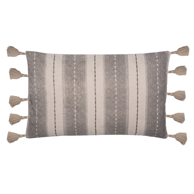 Gray and White Striped Rectangular Pillow with Tassels