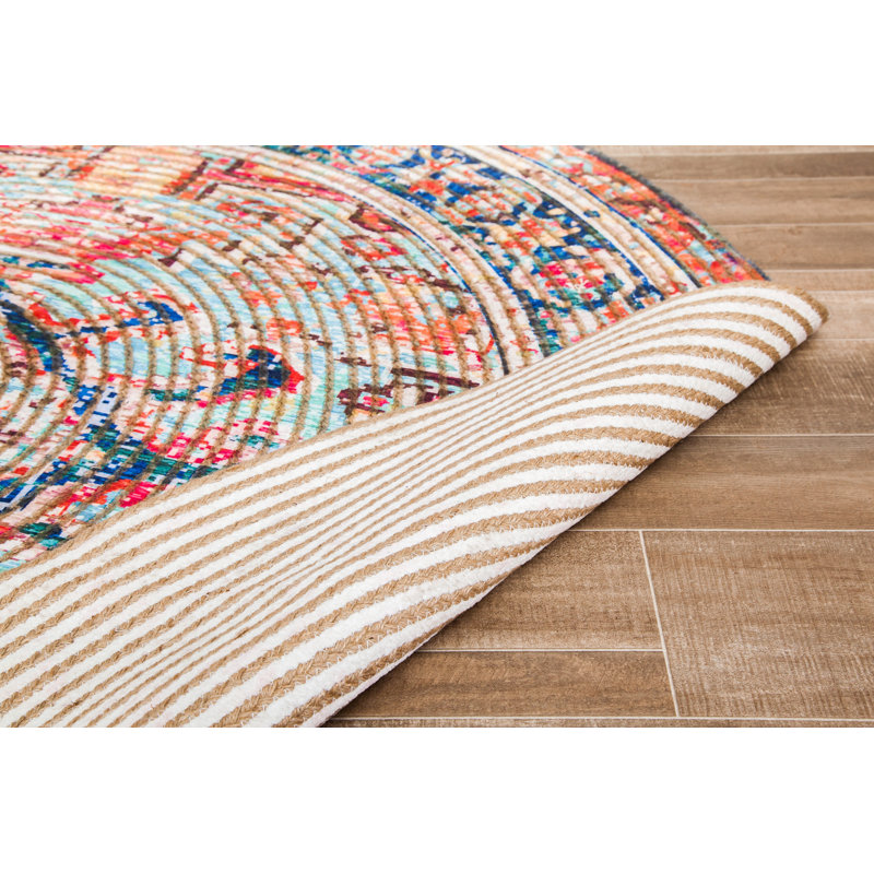 Tapis rouge / bleu tissé à plat à la main Evansville Ikat, Rond 6 pi