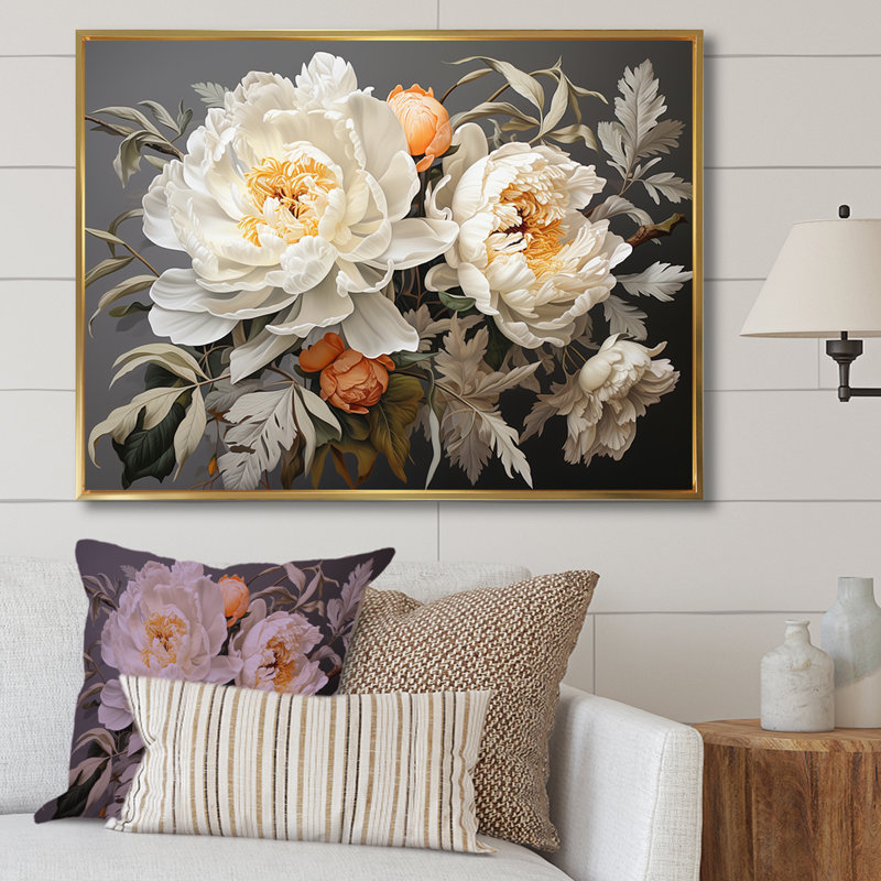 Pivoine beige parfumée II, H 16 po x l 32 po x P 1 po, Cadre flottant doré
