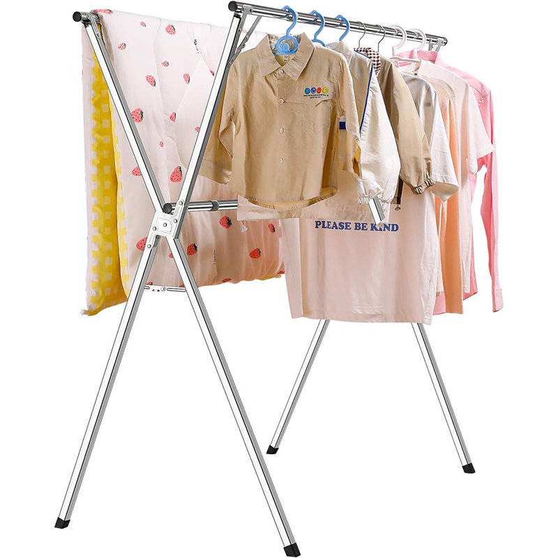 Séchoir à vêtements pliable réglable le plus amusant, séchoir à linge en acier inoxydable avec crochets et pinces, conception robuste pour l'intérieur, l'extérieur et le balcon