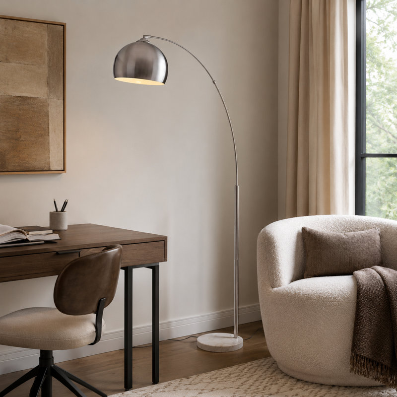 Hartfield 173cm Arched Floor Lamp Arc Floor Lamp with Bell Metal Shade and Solid Marble Base, White Marble, Nickle