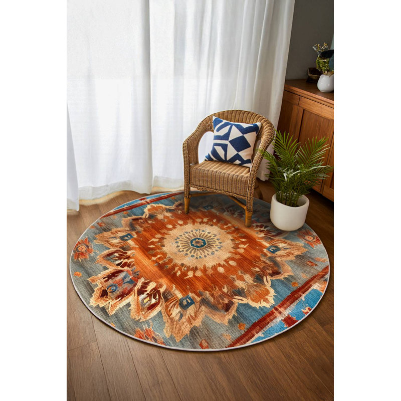 Nouvelle Collection Digital Print Cotton-Polyester Orange Blue Moroccan Rug, Round 6'7"