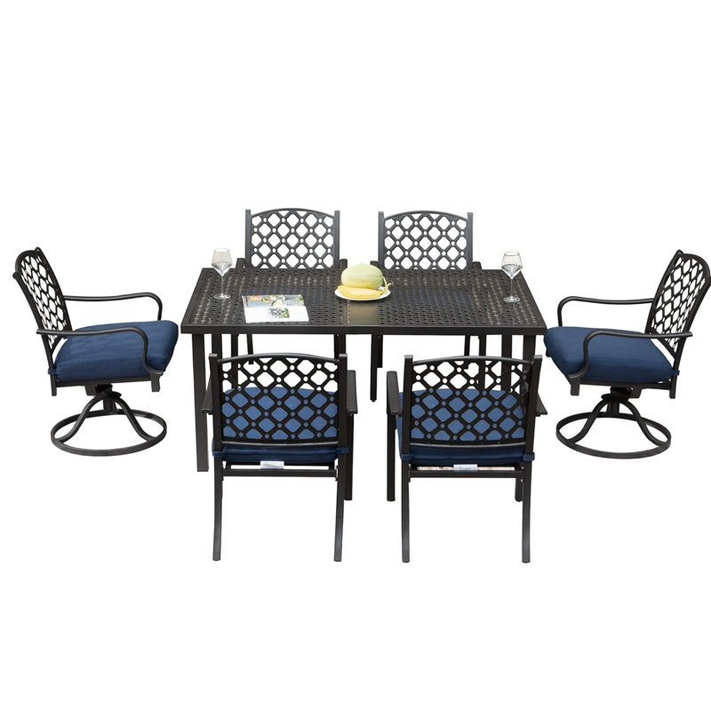 Mobilier de patio extérieur 7 pièces, métal et table, coussins bleu marine, solide pour la cour