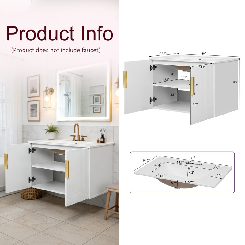 Meuble-lavabo mural 30 po avec lavabo en céramique, Blanc