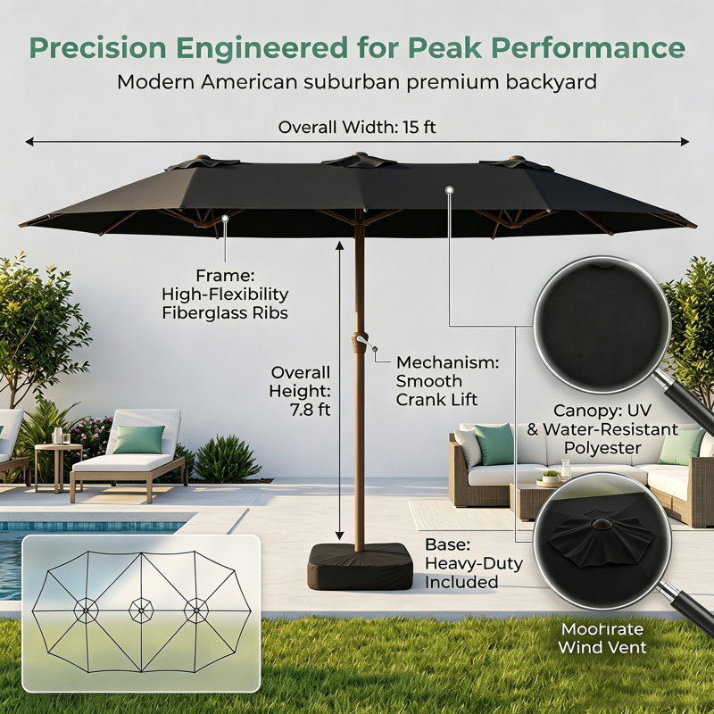 Grand parasol de patio extérieur 180 po x 108 po avec base, Black