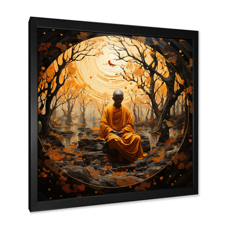 " Minimalism Orange Buddhism Guru III ", Black Single Picture Framed, 16" H x 16" W x 1" D