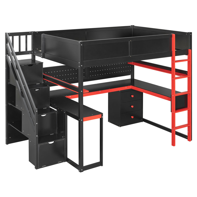 Lit mezzanine en bois pleine grandeur avec escalier de rangement, bureau, tablettes et panneau perforé, noir et rouge