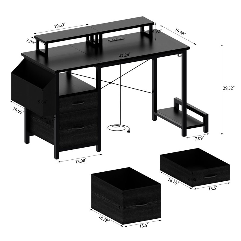 Bureau d'ordinateur 47,3 po avec tiroirs et prise de courant - Design réversible noir pour bureau