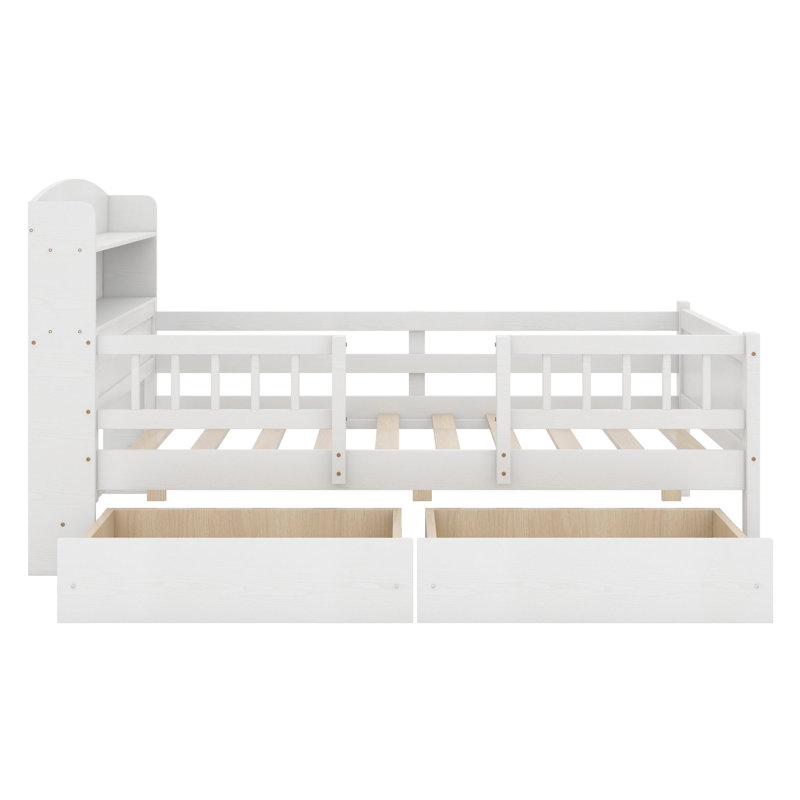 Lit plateforme avec éclairage DEL intégré, tête de lit avec rangement et barrières de sécurité pour chambres, Blanc