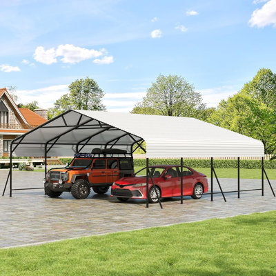 Abri de voiture robuste en métal 20 po x 40 pi avec toit en acier galvanisé et base améliorée, ensemble de garage haut pour tracteurs, camions, bateaux et voitures