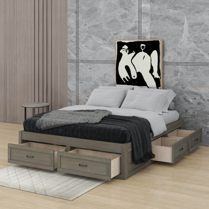 Grand lit plateforme avec tiroirs, Gris antique