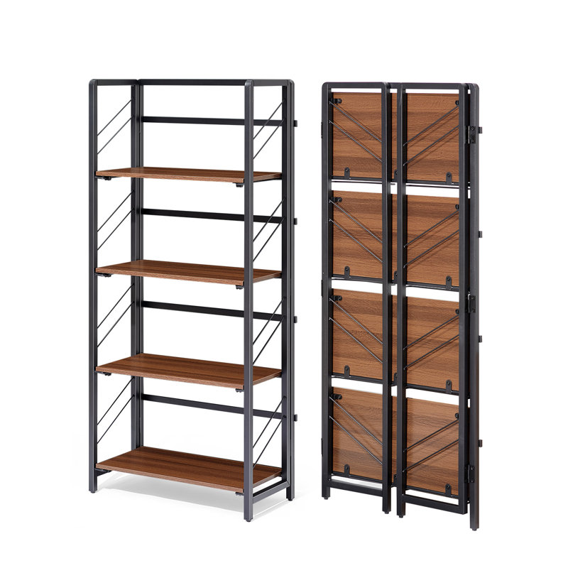 Bibliothèque pliante à 4 niveaux sans assemblage, étagère de rangement autoportante vintage industrielle, étagère pliable pour bureau