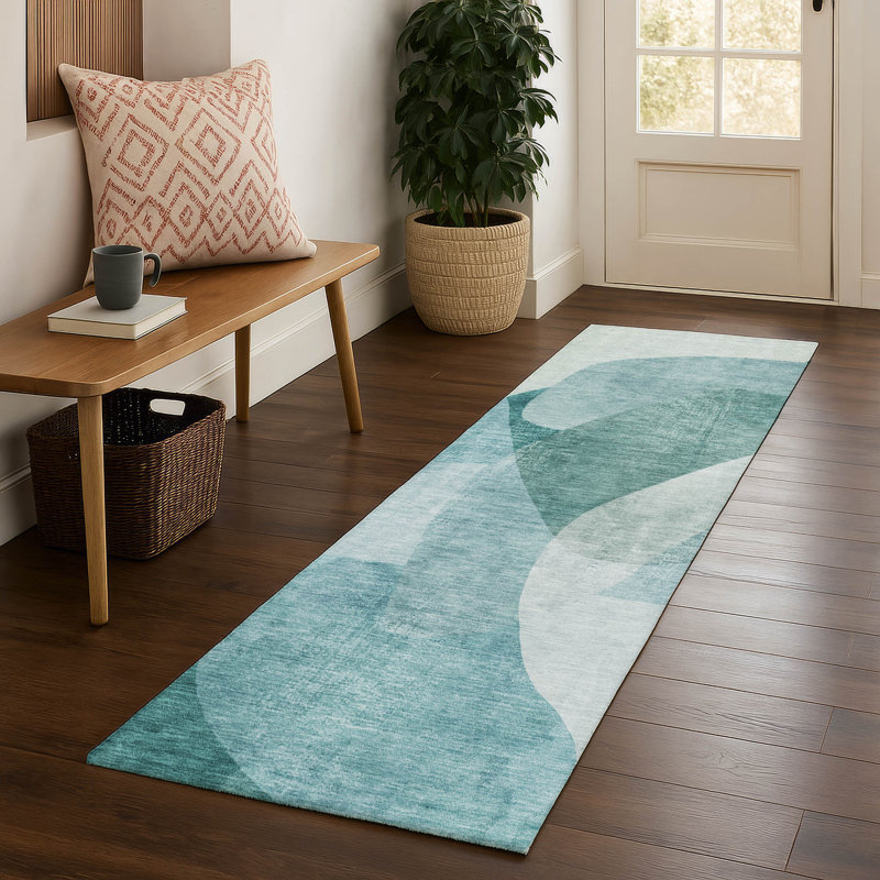 Premium Machine Washable Mayfield AMF2057 Abstract Rug, 2'3" x 7'6" Runner, Teal